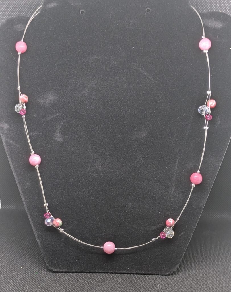 Collana Acciaio, Vetro Austriaco, Quarzo Rosa e Malachite Rosa