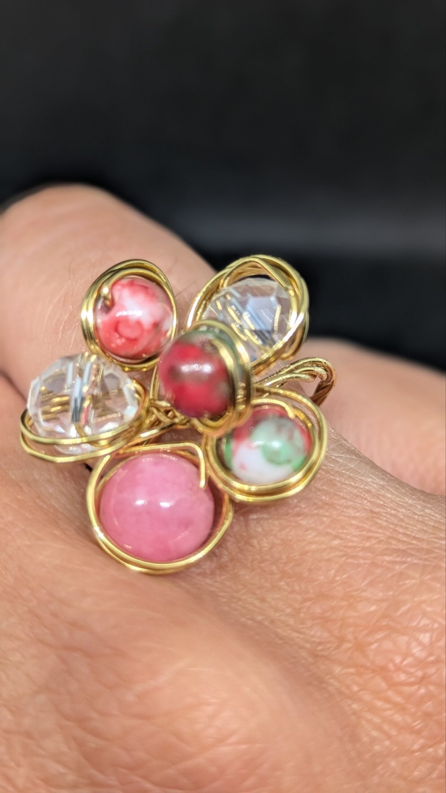 Anello Bloom Vetro Austriaco, Quarzo Rosa e Malachite Rosa e Verde - immagine 2